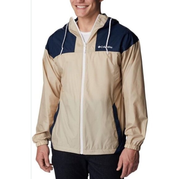 Columbia Sz M Jacket Mens Flash Challenger Windbreaker Beige Blue UPF 40 Outdoor - Picture 1 of 8